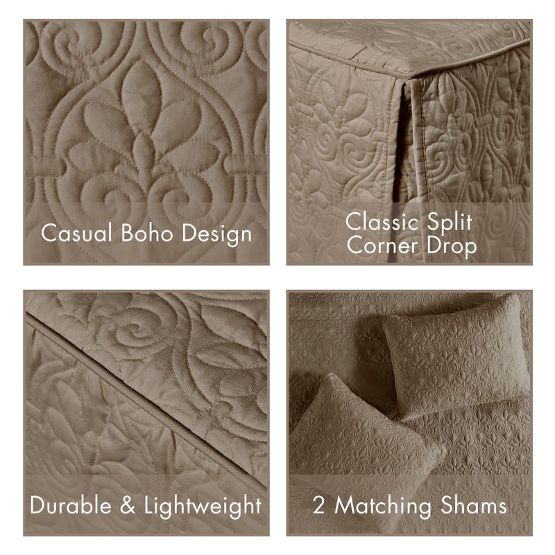 Madison Park Quebec Split Corner Quilted Bedspread Classic Traditional Design All Season, Lightweight, Bedding Set, Matching Shams, Queen, Damask Quilted Khaki 3 Piece - Image 4